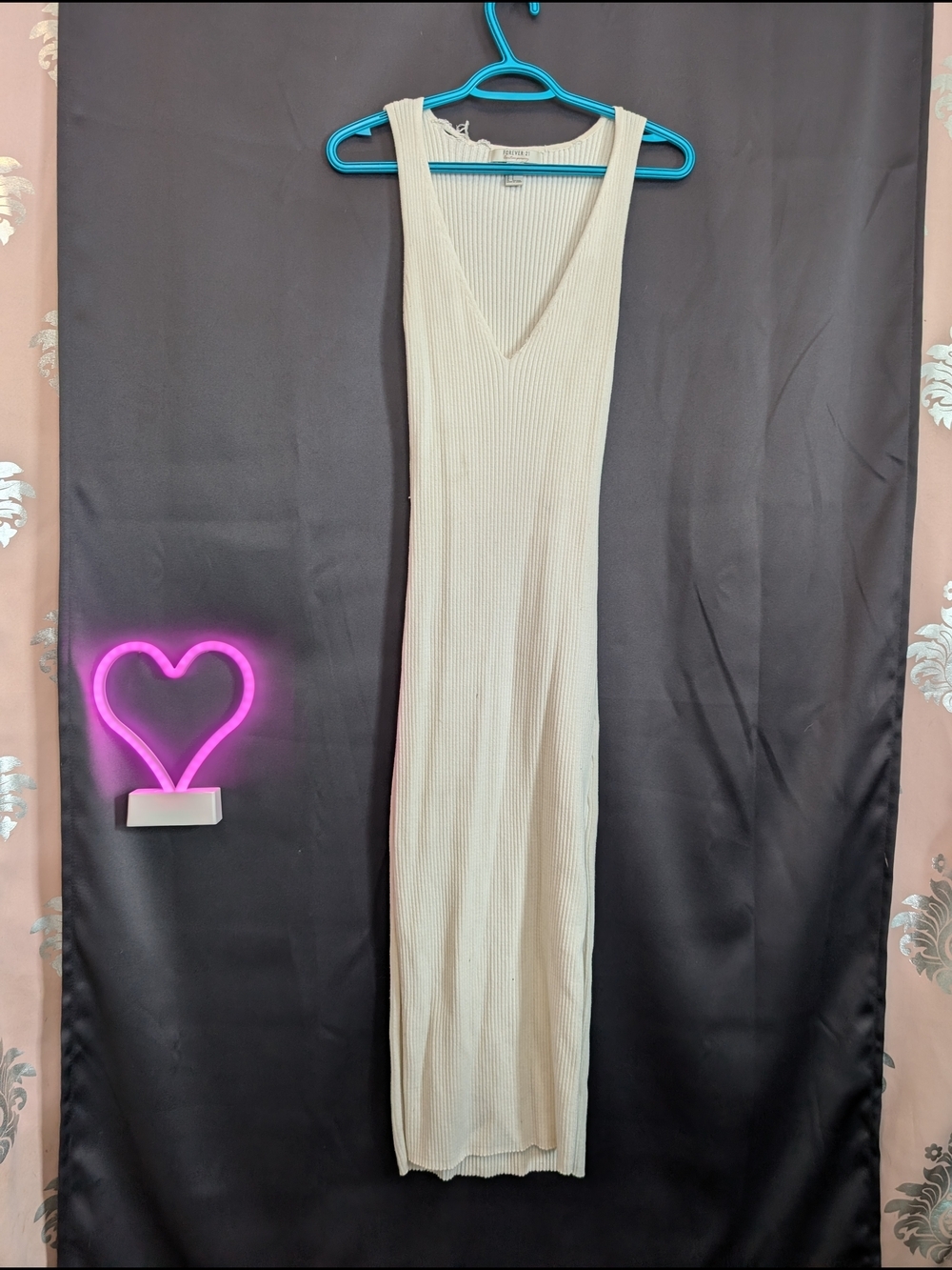 Forever 21 Cream Ribbed Maxi Dress Two Sided Slit Bodycon Fitted Bridal Wardrobe